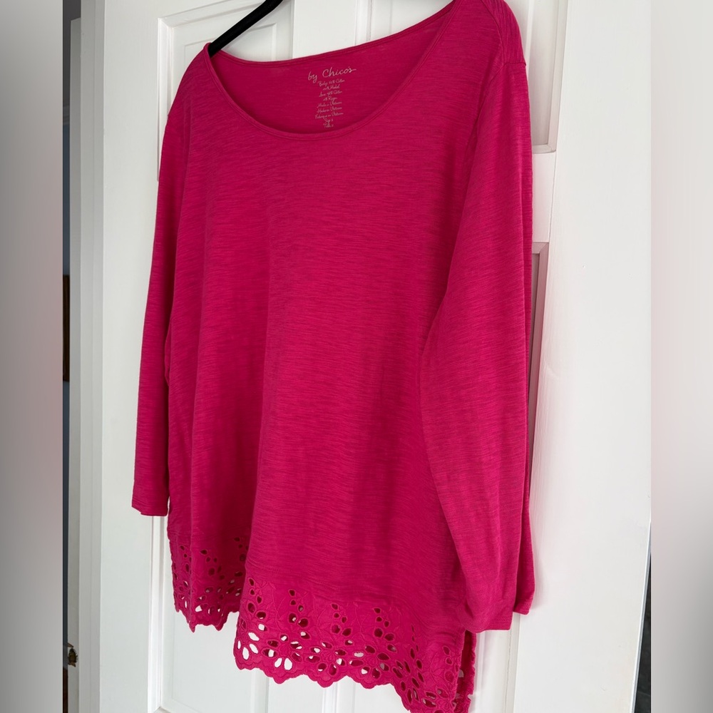 Chico's Bright Fuchsia Long Sleeve Eyelet-Hem Top chicos size 2